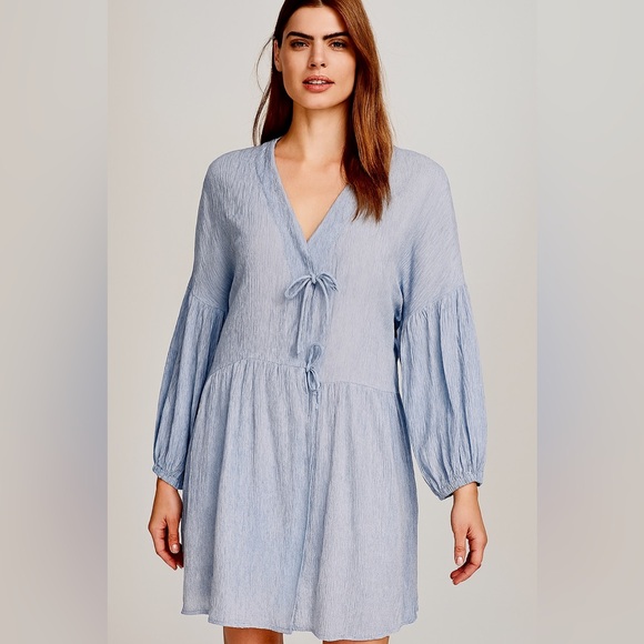Munthe Blue V-Neck Tie Front Crinkle Dress 40 US 8 Boho Balloon Sleeve Designer